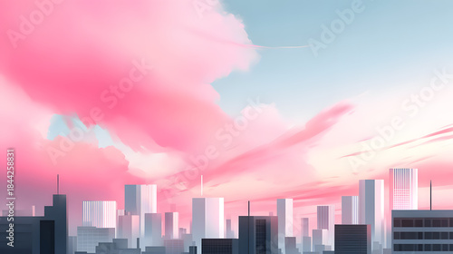 Urban Canvas: A stunning cityscape under a captivating sky, with skyscrapers rising against a backdrop of vibrant, rosy clouds, evoking feelings of serenity and urban charm.