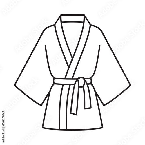 A minimalist black and white line drawing of a bathrobe or kimono with a tied belt