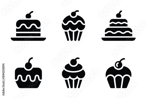 Collection of sweet dessert icons featuring cakes and cupcakes with cherry toppings