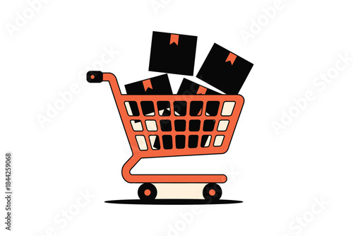 Shopping cart overflowing with black boxes, symbolizing online retail and delivery.