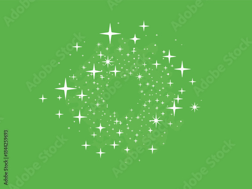 White fourpointed stars sparkling outward in a circular pattern on a solid green background