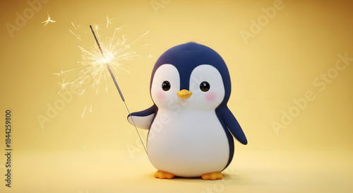 Adorable fluffy baby penguin character holding a bright golden sparkler against a soft yellow background celebrating a festive happy occasion with joy
