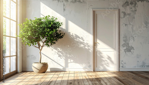 Indoor plant on wooden floor with empty white concrete wall background ai generative
2