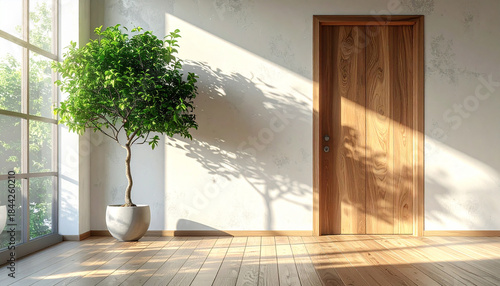 Indoor plant on wooden floor with empty white concrete wall background ai generative
1