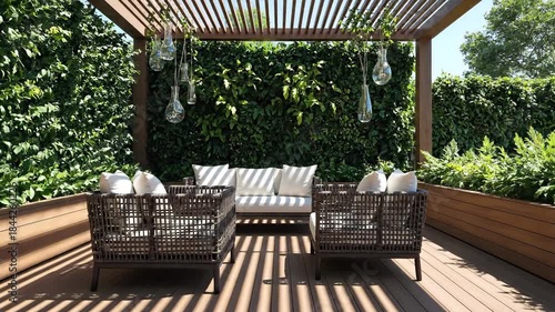 Modern outdoor patio featuring a wooden pergola and lush green living wall.
