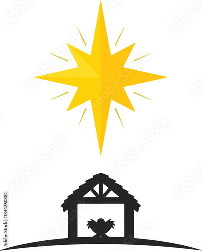Yellow star shining above a black silhouette of a stable with a manger
