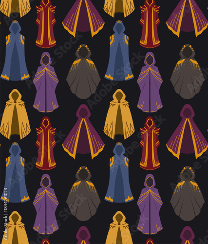 Vector seamless pattern with fantasy cloaks on dark background. Texture with sorcerer clothing for wrapping paper.