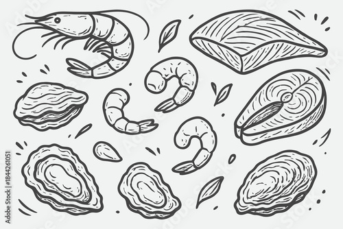 Hand-Drawn Seafood Ingredient Sketch Set — Organic Culinary Line Art Vector
