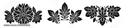 Vector set frames of decorative floral arrangement. Collection of black silhouette dividers from flowers