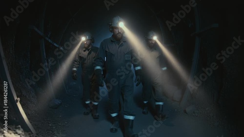 Miners go together in dim tunnel with lamps cutting through thick dust. Atmospheric scene highlights teamwork, harsh conditions, and gritty underground life.