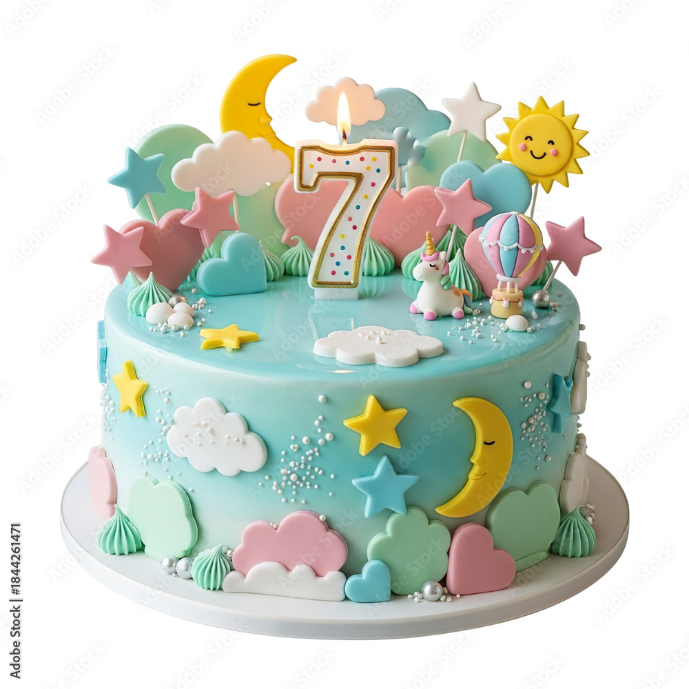 Fototapeta premium Cute 3D Birthday Cake for 7 Years Old with Clouds and Stars