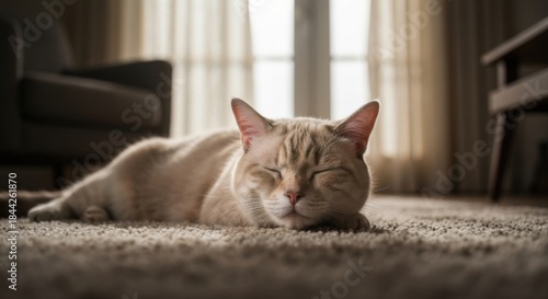 Sleeping beige cat on plush carpet in cozy living room, soft natural window light through sheer curtains, warm calm home relaxation mood