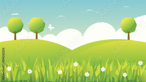 a peaceful landscape featuring rolling green hills fluffy clouds and vibrant trees high quality