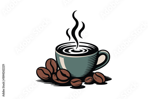 Steaming cup of hot coffee with roasted beans, perfect for a morning pick-me-up.