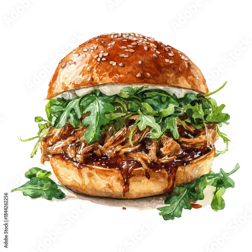 Pulled Pork Sandwich, watercolor illustration, vector style, isolated on a white background.