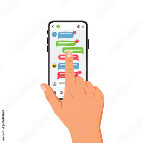 Hand interacting with smartphone displaying colorful chat messages