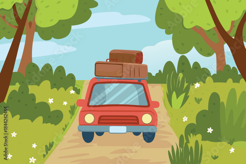 A charming red car travels down a scenic road with luggage on top