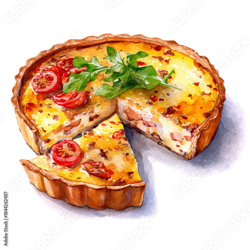 Quiche in watercolor painting style, vector illustration on white background.