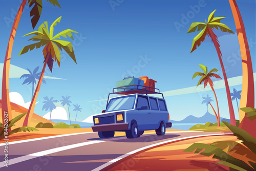 A vibrant blue van travels down a coastal road lined with palm trees