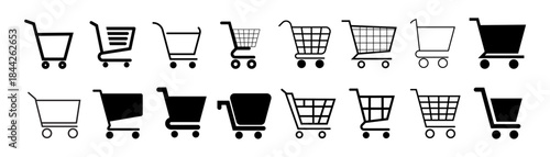 Set of shopping cart icons in outline and solid styles for ecommerce and retail design - EDITABLE VECTOR