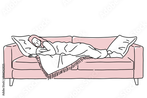 ソファで眠っている女性の線画イラスト　体調不良・休息・リラックスのイメージ