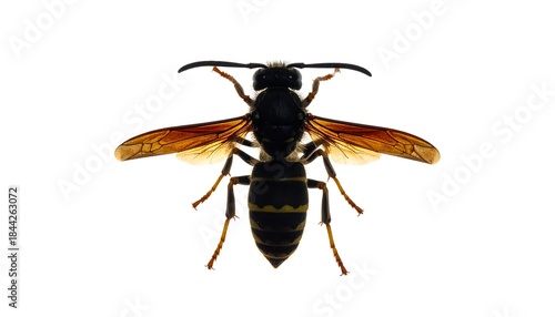 A detailed top-down view of a solitary wasp with transparent wings, on a clean white background