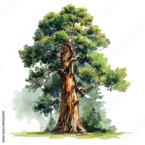 Watercolor vector illustration of Sequoia Tree, isolated on white background.