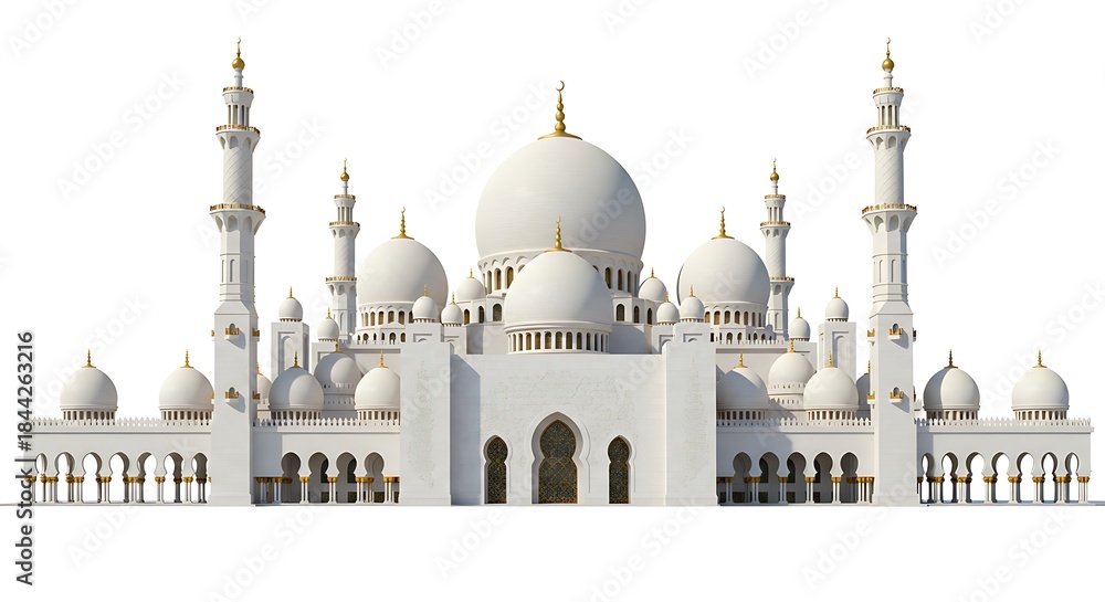 Obraz premium Stunning white mosque, an architectural masterpiece with intricate domes and towering minarets, embodying spiritual elegance and cultural significance
