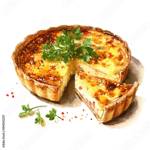 Quiche Lorraine in watercolor painting style, vector illustration on white background.