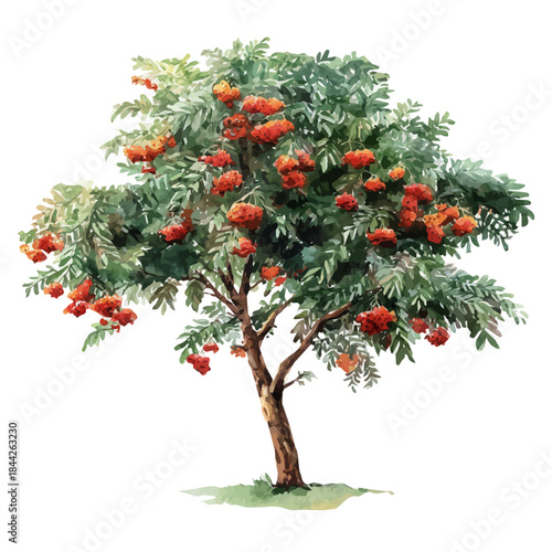 Rowan Tree in watercolor painting style, vector illustration on white background.