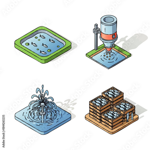 Isometric industrial processes and water management icons set