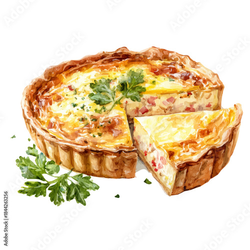 Quiche Lorraine in watercolor painting style, vector illustration on white background.
