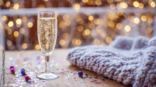 A champagne flute with golden bubbles on a wooden table beside a cozy blanket and festive confetti.