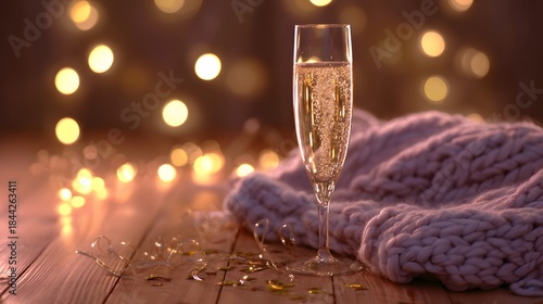 A champagne flute with golden bubbles on a wooden table beside a cozy blanket and festive confetti.