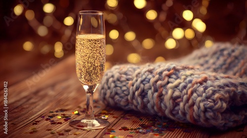 A champagne flute with golden bubbles on a wooden table beside a cozy blanket and festive confetti.
