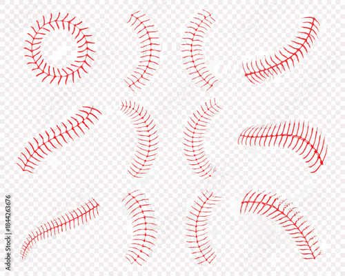 Red baseball stitching patterns arranged in various shapes and curves on transparency