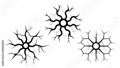 Abstract black and white illustration of cracked surface patterns with circular centers