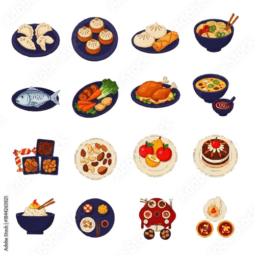 Assorted Traditional Asian Dishes and Ingredients on White Background