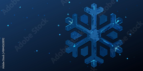 A striking geometric snowflake design against a deep sparkling blue backdrop