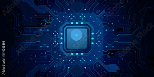 Abstract blue circuit board pattern with a central glowing square element