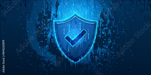 A glowing blue shield with a checkmark symbol against a digital backdrop