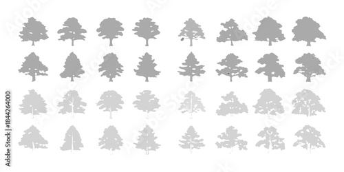 A collection of stylized coniferous tree silhouettes in varying shades of gray