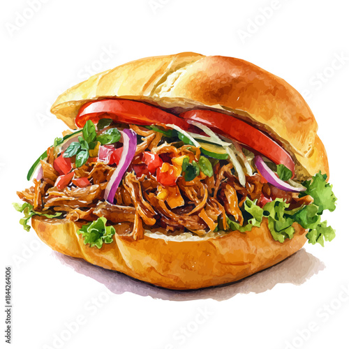 Watercolor painting of Pulled Pork Sandwich, vector illustration, isolated on white background.