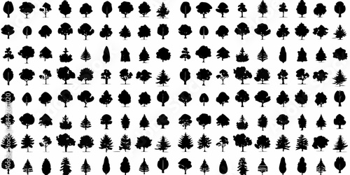 A dense collection of black silhouette trees arranged in a grid pattern