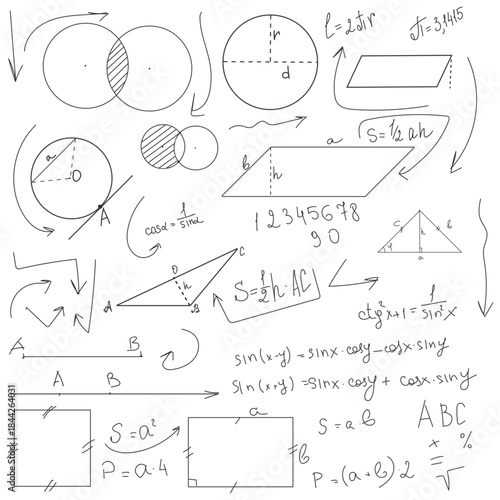 School math figures and circles, black and white sketch. Vector illustration. Trigonometric and algebraic equations, formulas and arrows isolated on a white background. Lesson and lecture notes