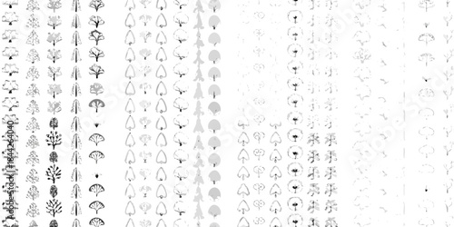 An assortment of hand drawn trees and leafy branches in grayscale tones