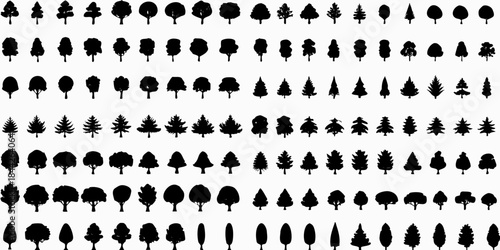 A dense arrangement of various tree silhouettes on a white background