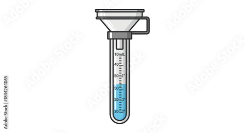Cartoon illustration featuring a graduated test tube filled with light blue liquid and a funnel