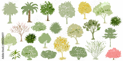 Collection of diverse cartoon trees and shrubs on a white background