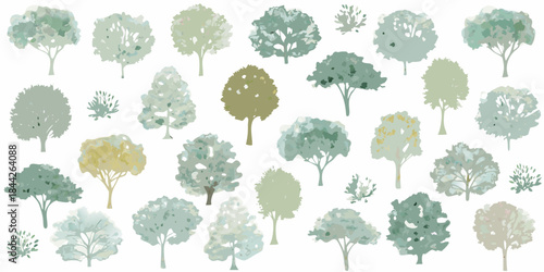 An assortment of watercolor style trees in varying shades of green and gold